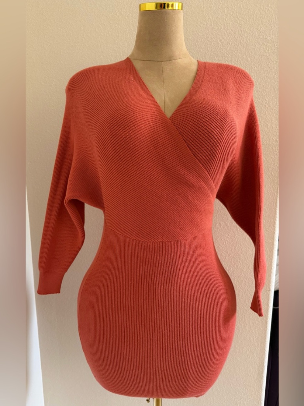Ribbed Wrap-Style Knit Dress - Rust medium